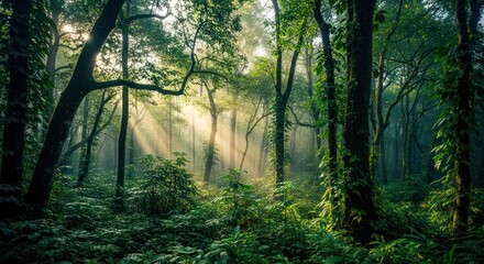 Sunlight streams through a lush, misty jungle
