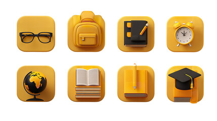 Cute yellow education and school icons set on transparent background