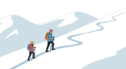 Couple Trekking Through A Snowy Mountain Path During Winter Landscape Scenery