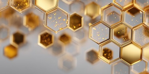 3D golden honeycomb structure with metallic glow and soft-depth focus on light gradient background

