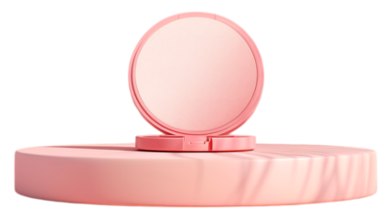 Product photography of compact powder on pink platform for cosmetic beauty advertisement and marketing campaign on transparent background