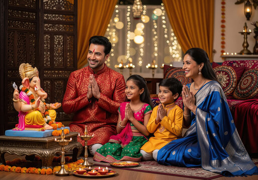 happy indian family celebrating ganesh chaturthi together at home