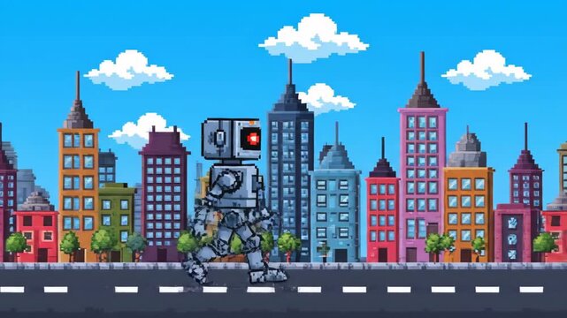 Pixel Robot Walking Cityscape Animation - A pixel art animation depicting a robot walking through a vibrant cityscape.