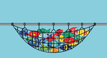 Obraz premium Colorful Tropical Fish Caught in Fishing Net Hanging on a Line Illustration