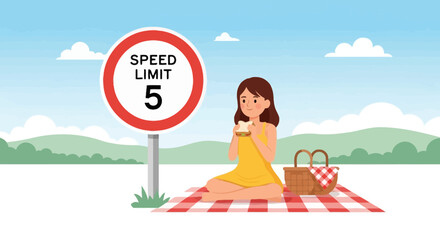 Comical Picnic Scene With Speed Limit Sign And Woman Eating Sandwich Outdoors