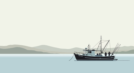 Naklejka premium Commercial Fishing Boat In Tranquil Waters With Distant Mountains Background