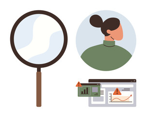 Magnifying glass, user profile, data graphs with alert signs symbolize analysis, identification, technology, security, problem-solving, monitoring decision-making. Ideal for research or simple flat