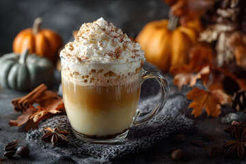 Autumn pumpkin spice latte with whipped cream and cinnamon on dark background