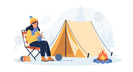 Fototapeta premium Cozy Winter Camping Scene With Knitting Girl Near The Campfire And Tent