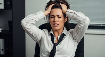 A stressed woman in a white shirt and black tie, sitting in an office chair, holding her head in frustration.