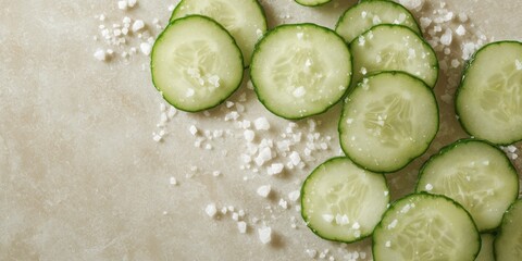 Minimalist arrangement of sliced cucumber rounds with coarse salt for culinary design