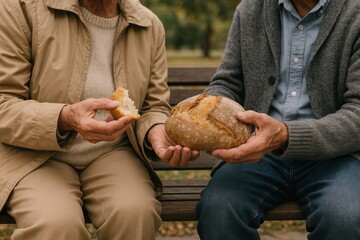 Elderly sharing bread outdoors.