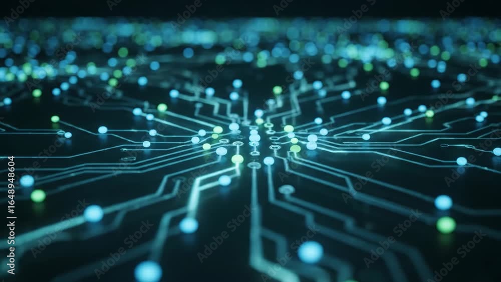 Poster abstract digital network connections - close-up view of a stylized circuit board with glowing nodes 