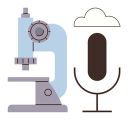 Microscope and microphone side by side, linked by cloud, symbolize technological connectivity, research, communication. Ideal for science, innovation, collaboration, education healthcare