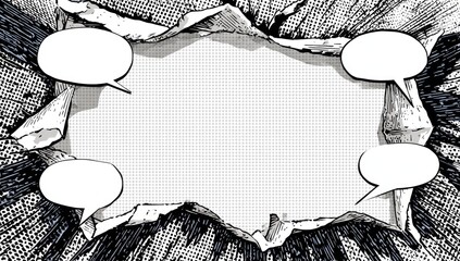 Ripped paper frame with speech bubbles, monochrome comic style