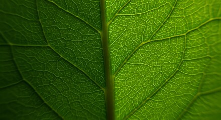 Detailed macro view of a fresh green leaf, showcasing its delicate network of veins and natural texture, representing the essence of organic life and botanical beauty.