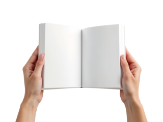 Hand holding an open blank book isolated on transparent background