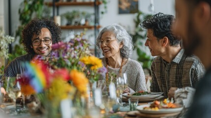 Fototapeta premium LGBTQ Multigenerational Family Sharing Meal in Modern Dining Room with Rainbow Centerpiece