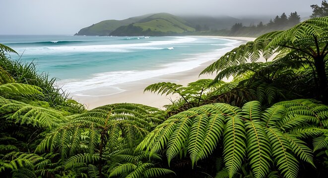 Beautiful view of a tropical beach with green ferns in the foreground