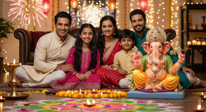 happy indian family celebrating ganesh chaturthi together at home