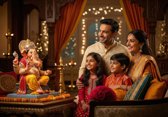 happy indian family celebrating ganesh chaturthi together at home