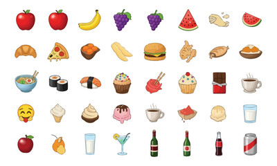 Food Variety: A vibrant collection of hand-drawn illustrations featuring diverse foods, drinks and expressions. perfect for culinary projects, menus, and social media content.