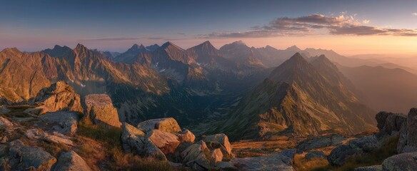 Obraz premium Panoramic mountain vista at sunset