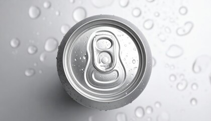 Obraz premium Top down view of a cold aluminum beverage can with condensation water drops on a clean background