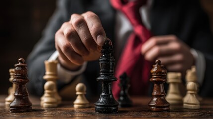 Close-up of a person playing chess with wooden pieces on a dark wooden table, focusing on hand movements and strategic gameplay
