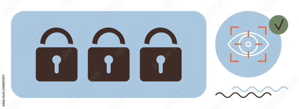 Poster three padlocks representing security, visual recognition element with eye and target, abstract wavy 