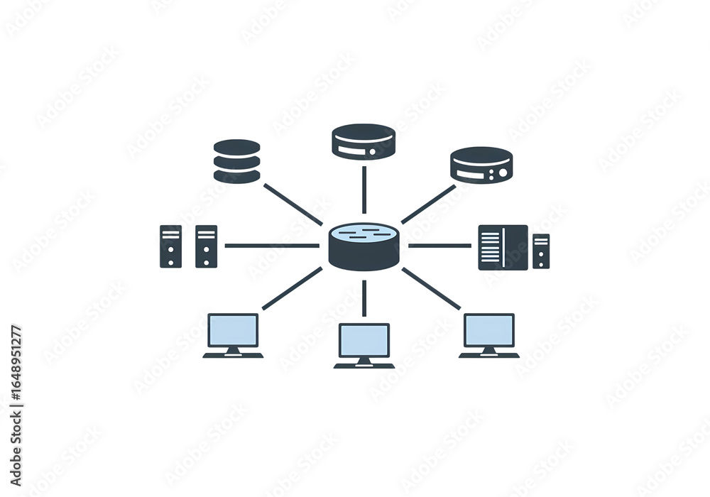 Fototapete network connection central server with multiple devices on transparent background