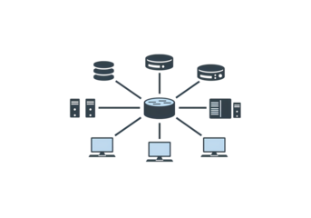 Network Connection Central Server with Multiple Devices on transparent background