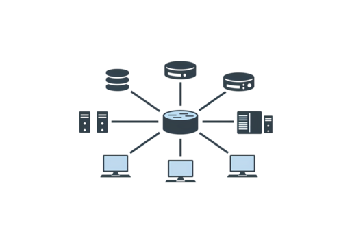Network Connection Central Server with Multiple Devices on transparent background