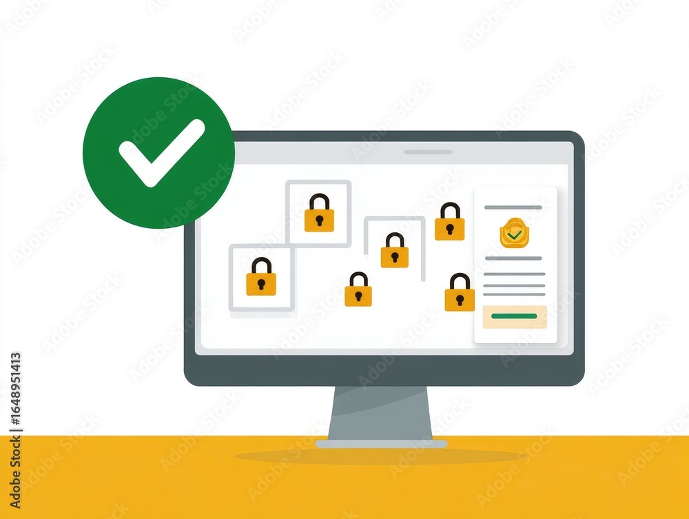 Fototapete secure digital access. flat illustration of a computer monitor displaying interconnected padlocks, r