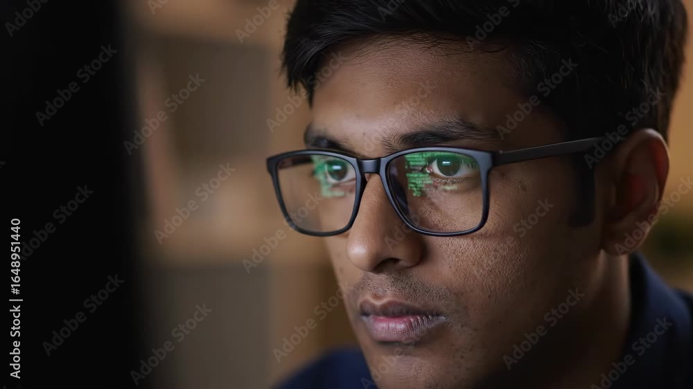Aufkleber focused programmer working late - close-up of a young man wearing glasses intently focused on his co