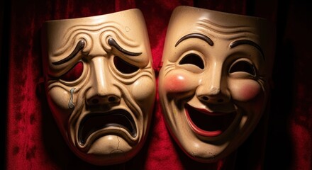 Two theatrical masks, one sorrowful, one joyful, on a red velvet backdrop