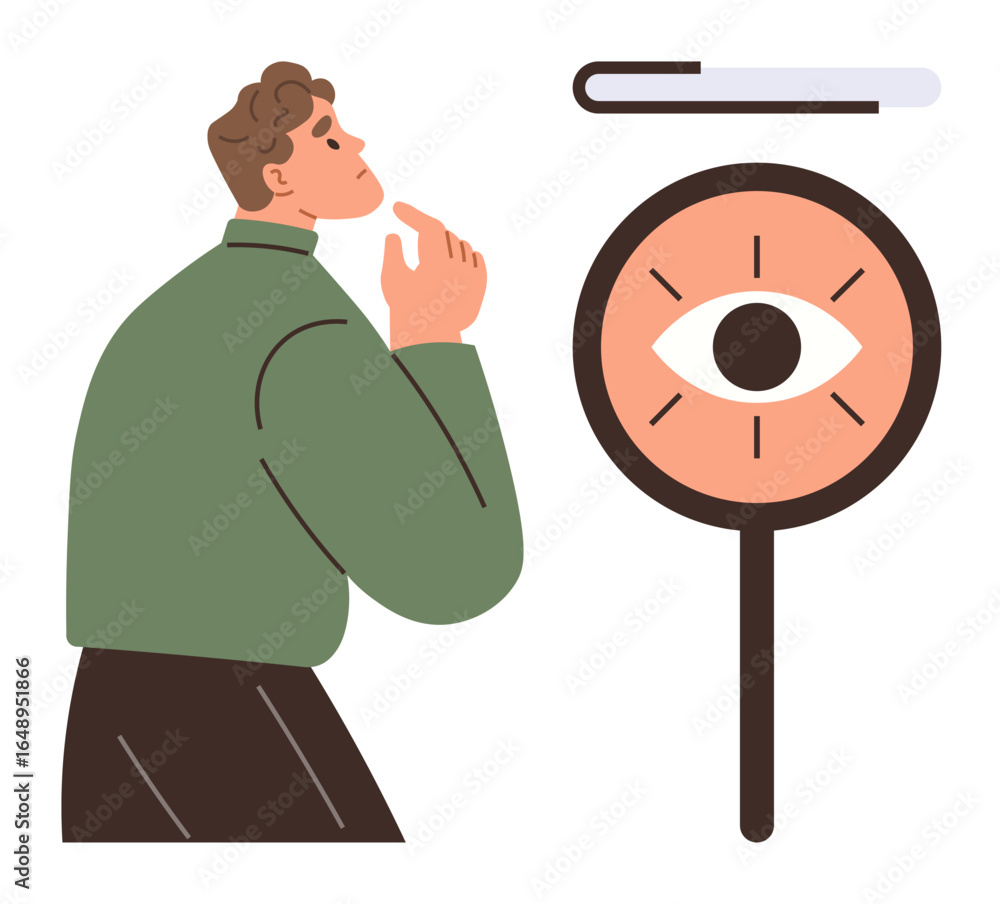 Aufkleber man thinking while magnifying glass highlights an eye surrounded by lines and a progress bar. ideal 