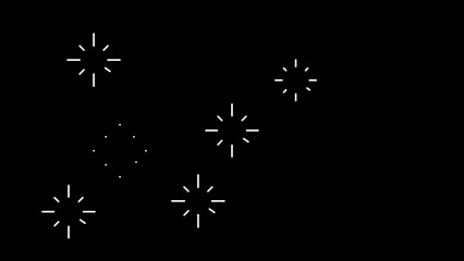 White abstract starbursts and dots on black background