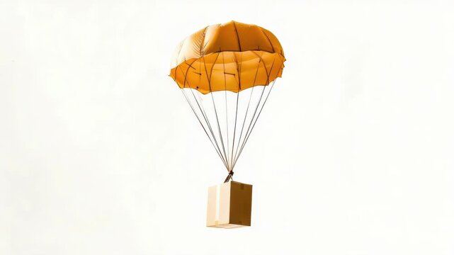 A parachute descending from the sky with a box attached, suitable for adventure or military scenarios