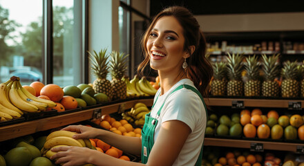 Cheerful grocery worker stocking fresh organic produce in vibrant supermarket aisle, promoting healthy eating and local sourcing