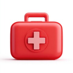 Fototapeta premium A red first-aid kit, simple and stylized, is depicted against a white background. It has a rounded rectangular shape with a prominent pink plus sign on its front