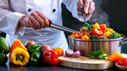 A chef cooking healthy vegetable stew in modern kitchen with fresh ingredients and vibrant colors