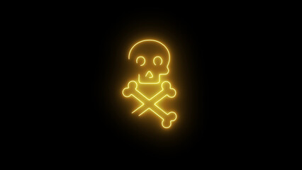 Yellow neon skull and crossbones on black background