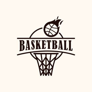 basketball league vintage logo vector minimalist illustration design, basket fire shoot symbol design