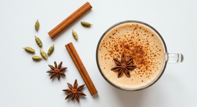 Brewing spiced chai latte kitchen food photography cozy atmosphere top-down view aromatic experience