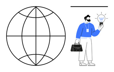 Professional holding lit bulb near a globe shape, denoting global innovation, ideas, modern business. Ideal for entrepreneurship, global solutions, creativity, technology, leadership business