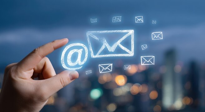 A hand touches a digital email symbol.  Email icons float in the air over a blurred cityscape at twilight.  The focus is on the fingertip interacting with the @ symbol