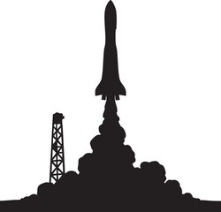 Vector Space Rocket Silhouette Ascending with Dramatic Smoke Cloud and High-Contrast Design