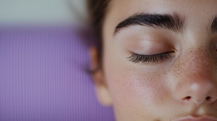 Young woman with closed eyes resting on purple background, awareness month