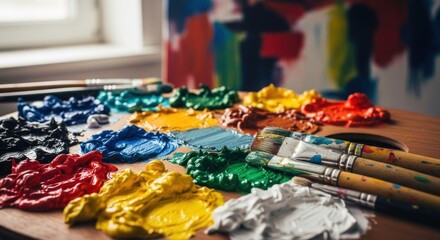 Vibrant paint palette with various colors and paintbrushes